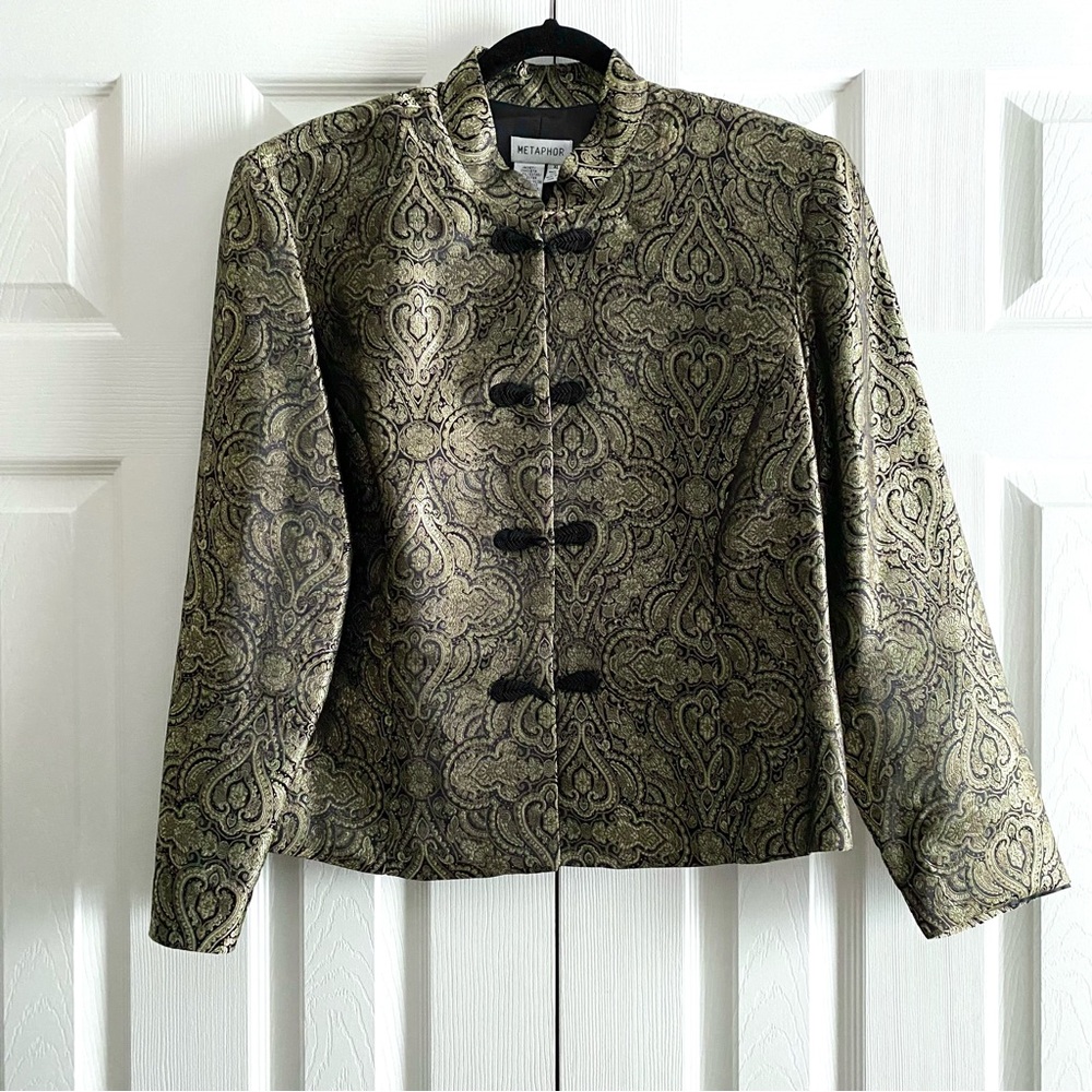 METAPHOR BROCADE MANDARIN COLLAR PAISLEY PRINT BLAZER JACKET Black Gold XL